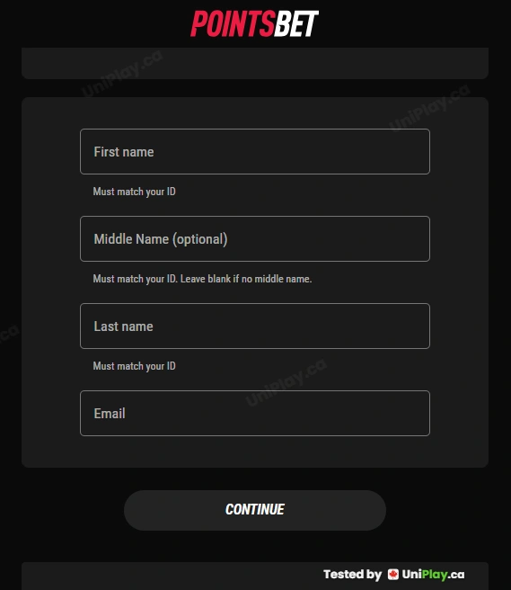 PointsBet — registration step 2