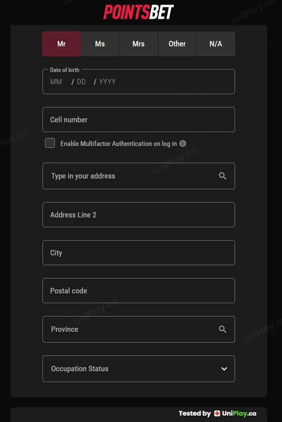 PointsBet — registration step 3