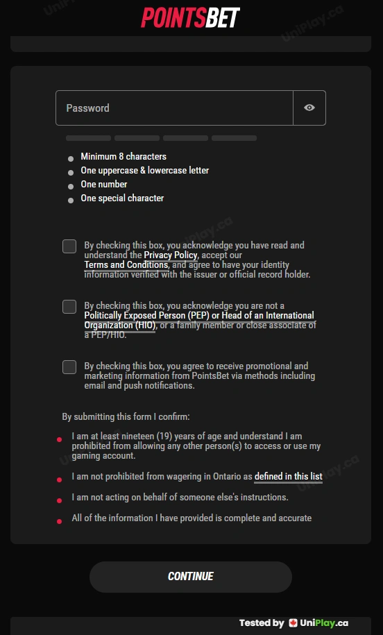 PointsBet — registration step 4