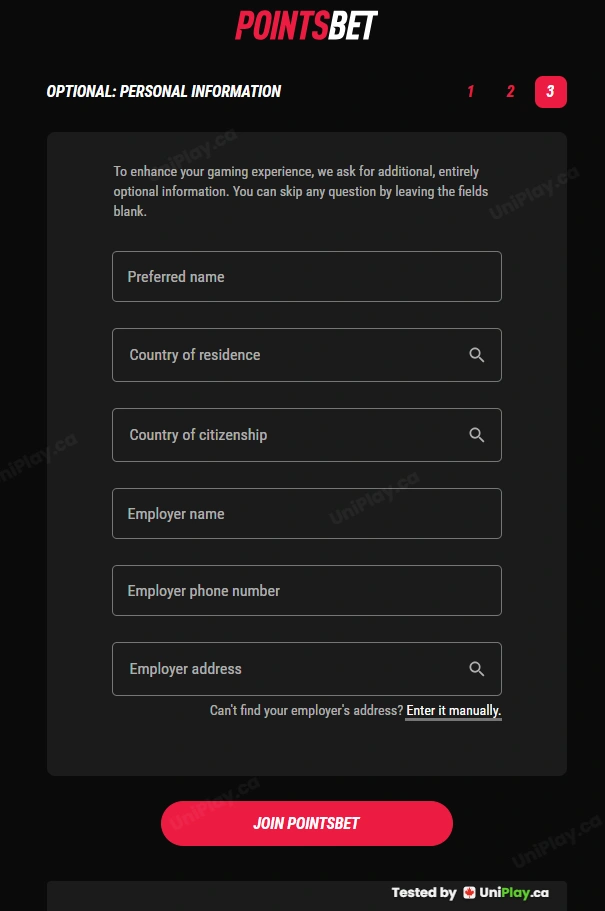 PointsBet — registration step 5