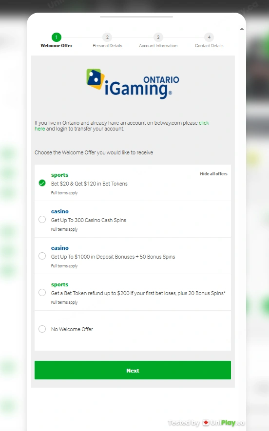 Betway — registration step 1