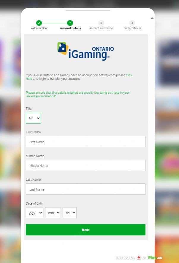 Betway — registration step 2