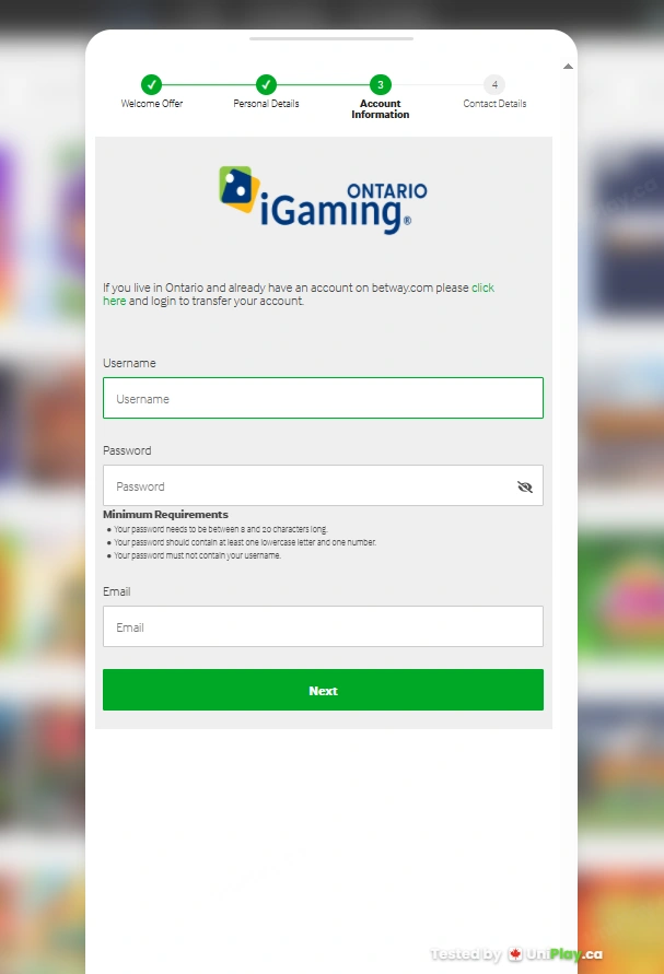 Betway — registration step 3