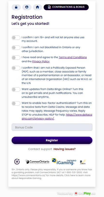 Delta Casino — registration step 4