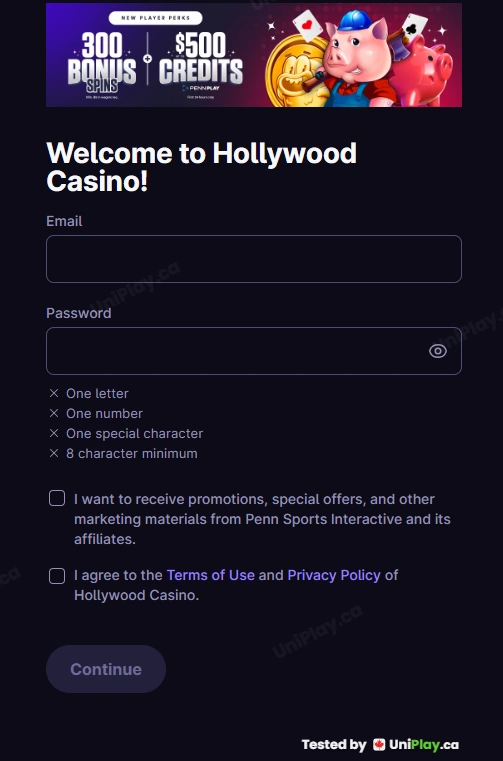 Hollywood Casino — registration step 2