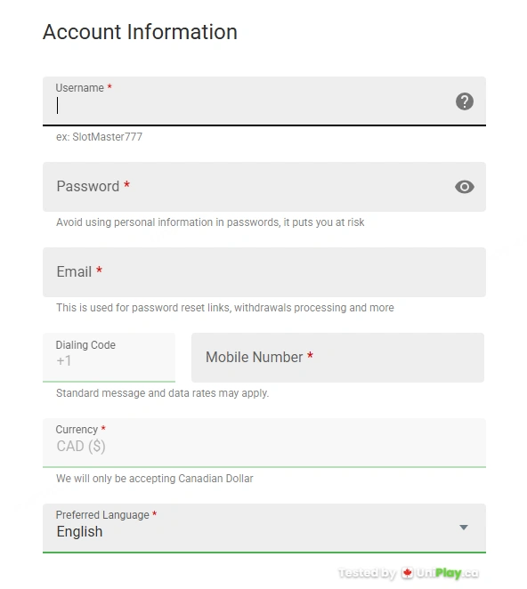 JackpotCity Casino — registration step 1