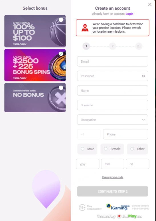 TonyBet — registration step 1