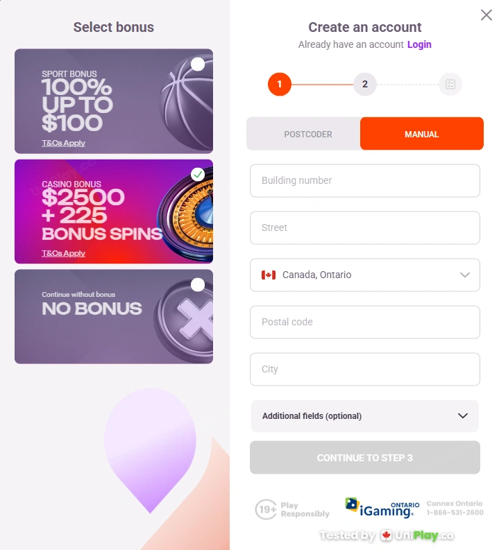 TonyBet — registration step 2