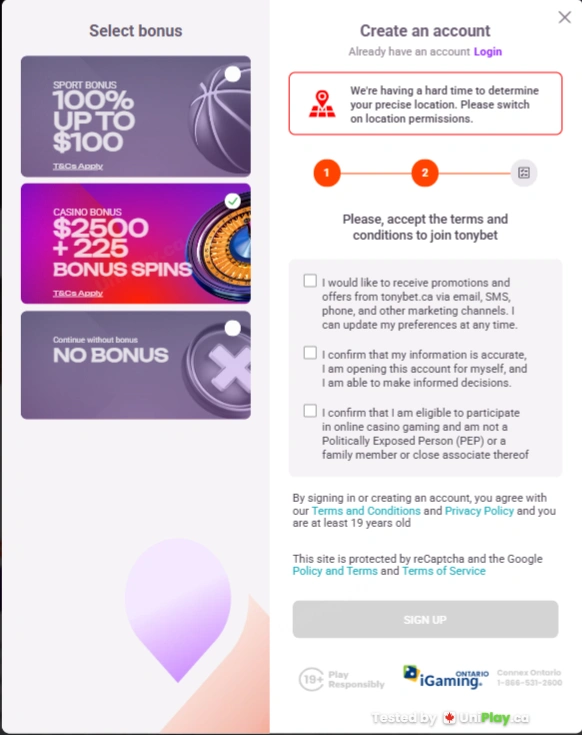 TonyBet — registration step 3