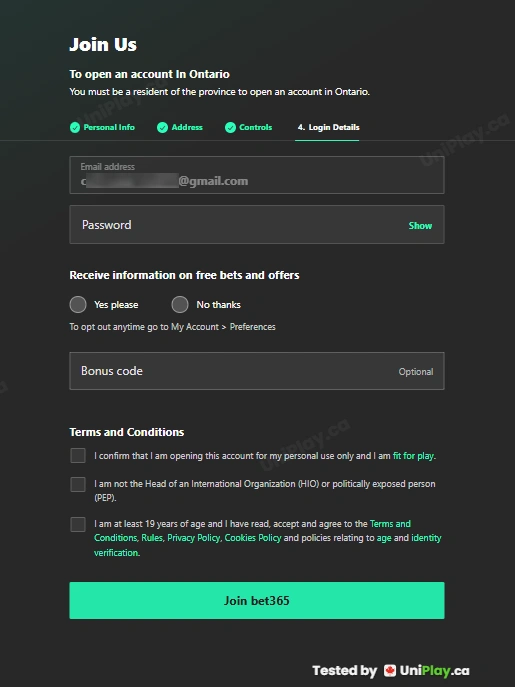 Bet365 — registration step 4