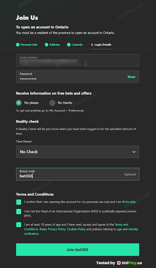 Bet365 — registration step 4