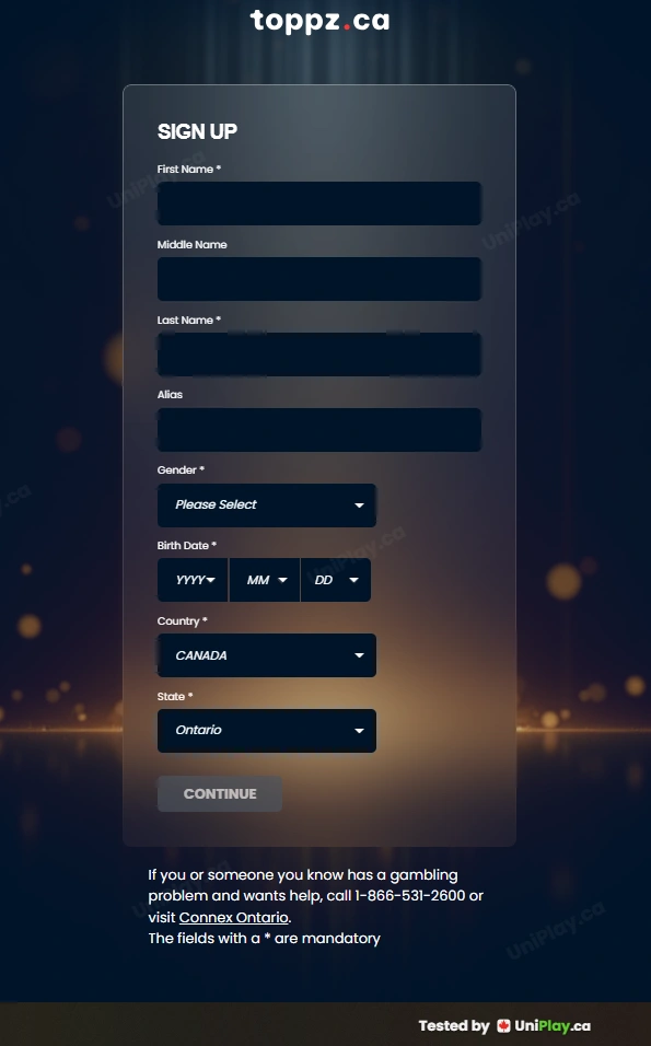 Toppz — registration step 1