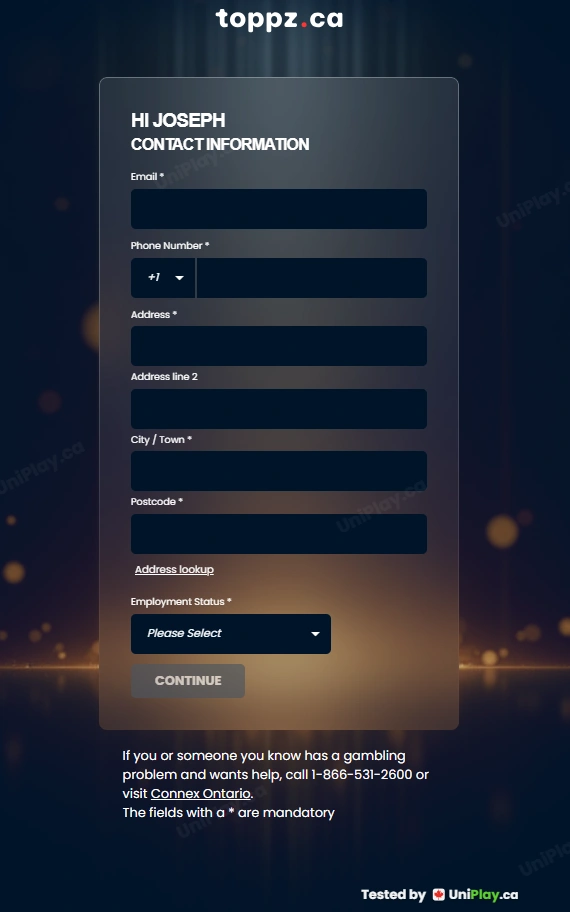 Toppz — registration step 2