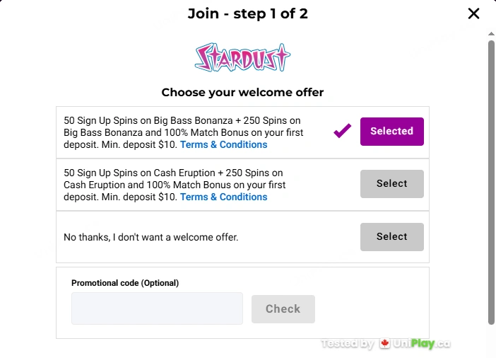 Stardust Casino — registration step 1
