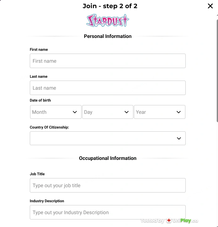 Stardust Casino — registration step 3