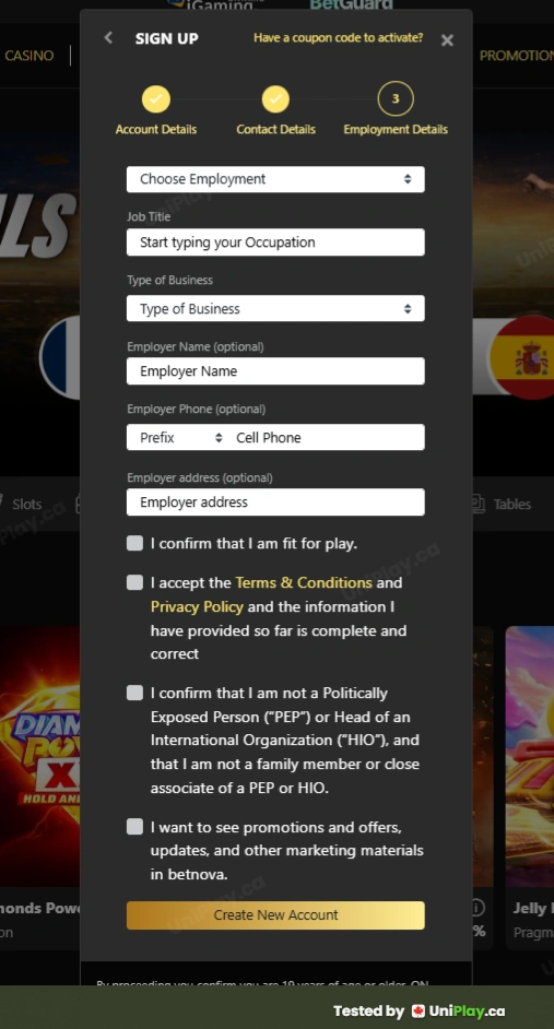 BetNova — registration step 3