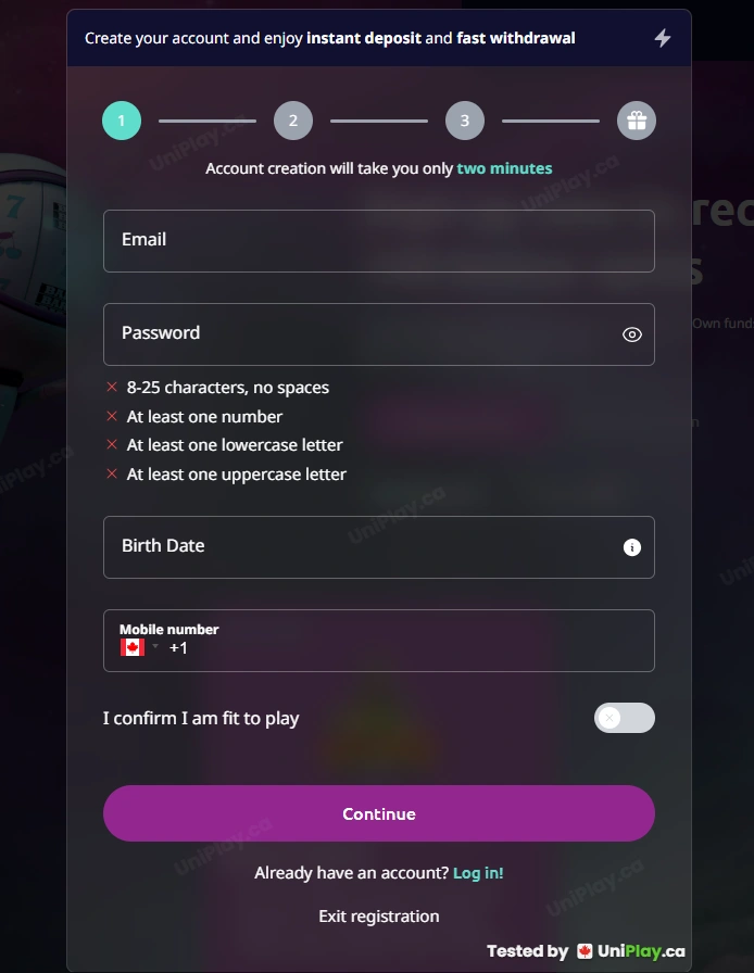 Spin Away — registration step 1