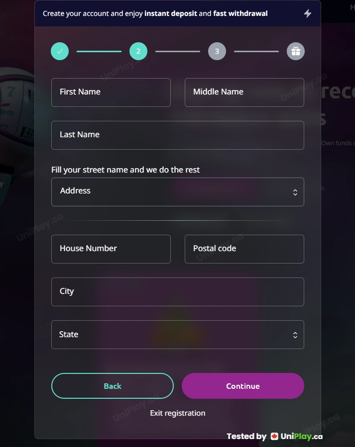 Spin Away — registration step 2
