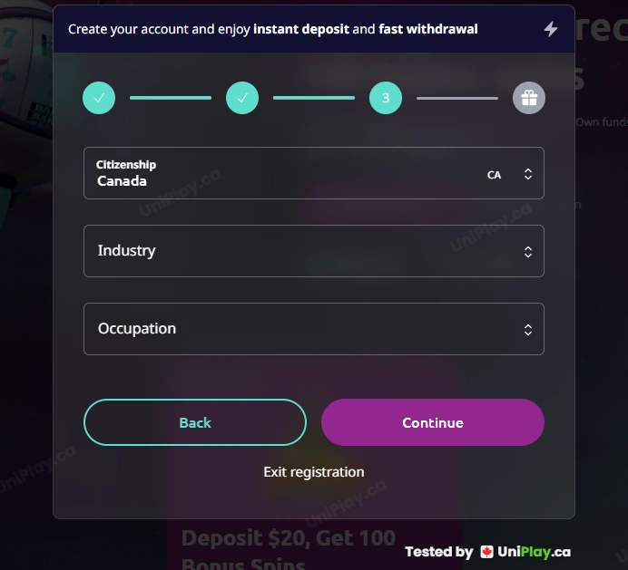 Spin Away — registration step 3