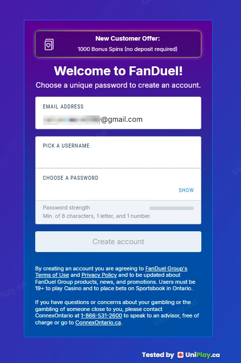 FanDuel Casino — registration step 2
