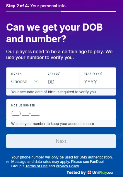 FanDuel Casino — registration step 4