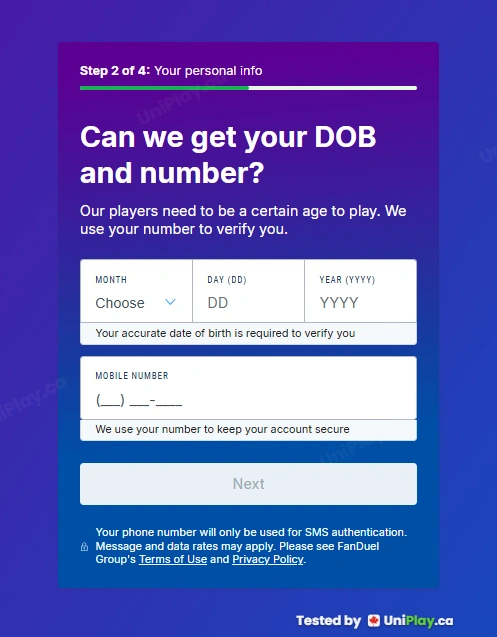FanDuel Casino — registration step 4