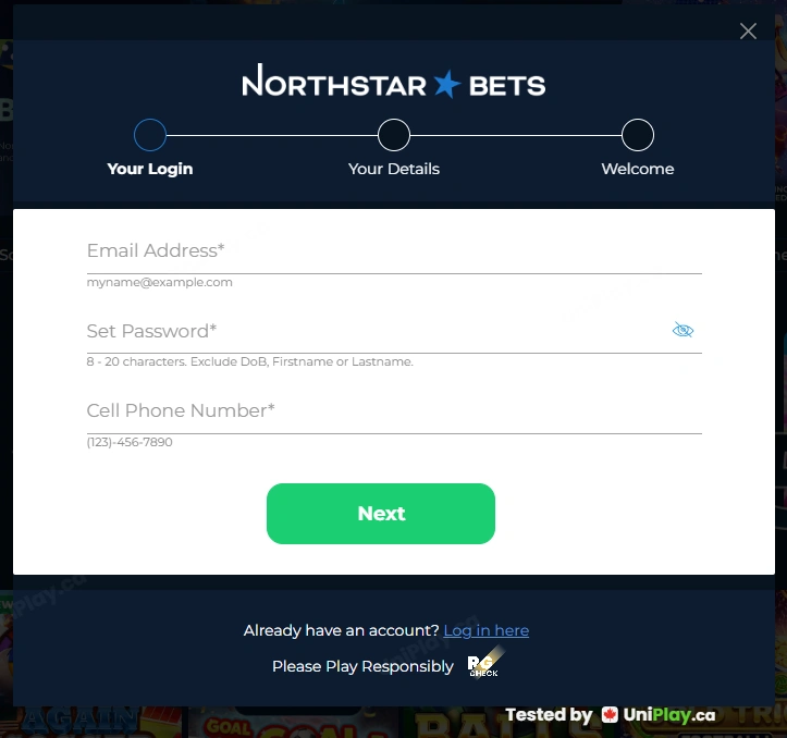 NorthStar Bets — registration step 1