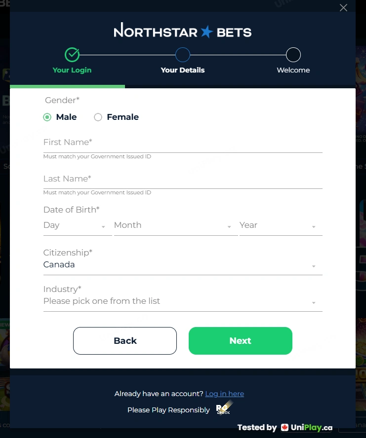 NorthStar Bets — registration step 2