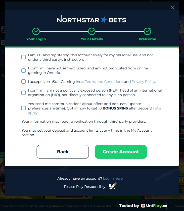 NorthStar Bets — registration step 4