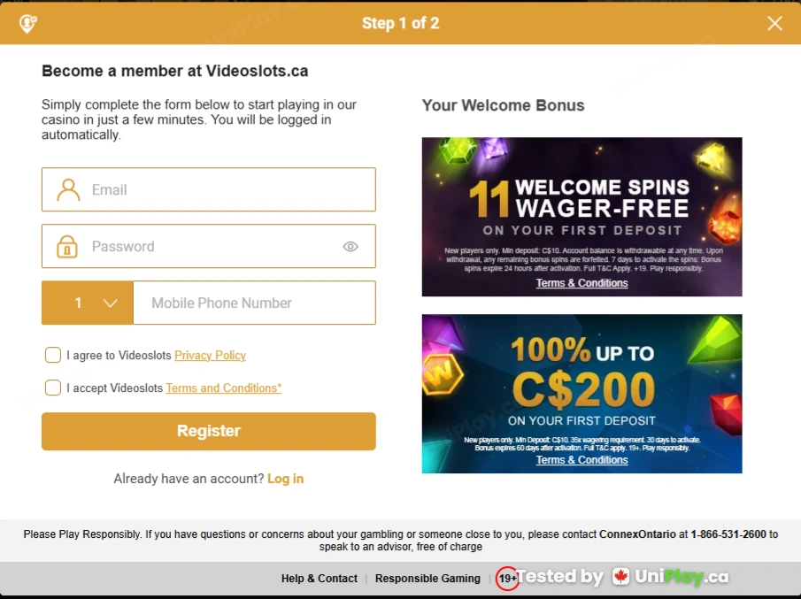 Videoslots — registration step 1