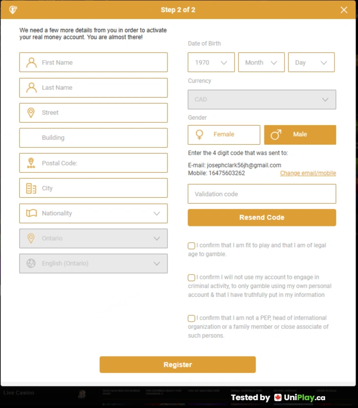 Videoslots — registration step 2