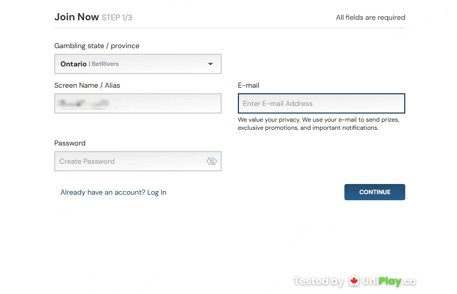 BetRivers — registration step 1