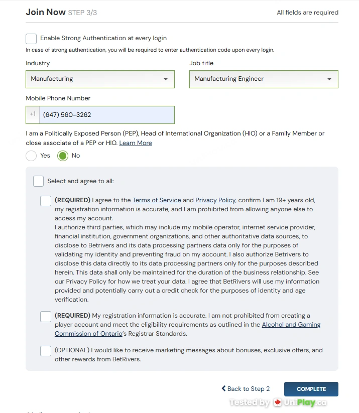 BetRivers — registration step 3