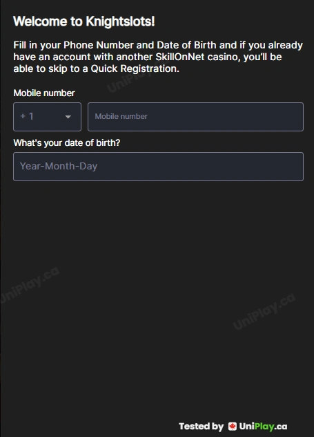Knightslots — registration step 1