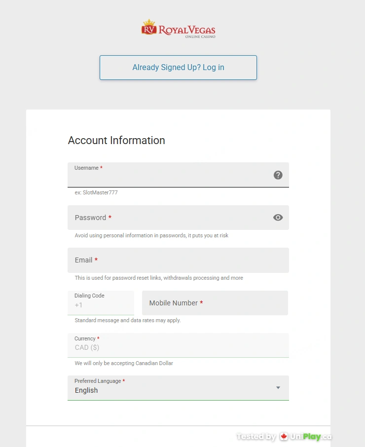 Royal Vegas — registration step 1