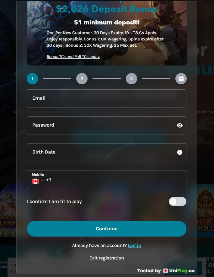 Lucky Days Casino — registration step 1