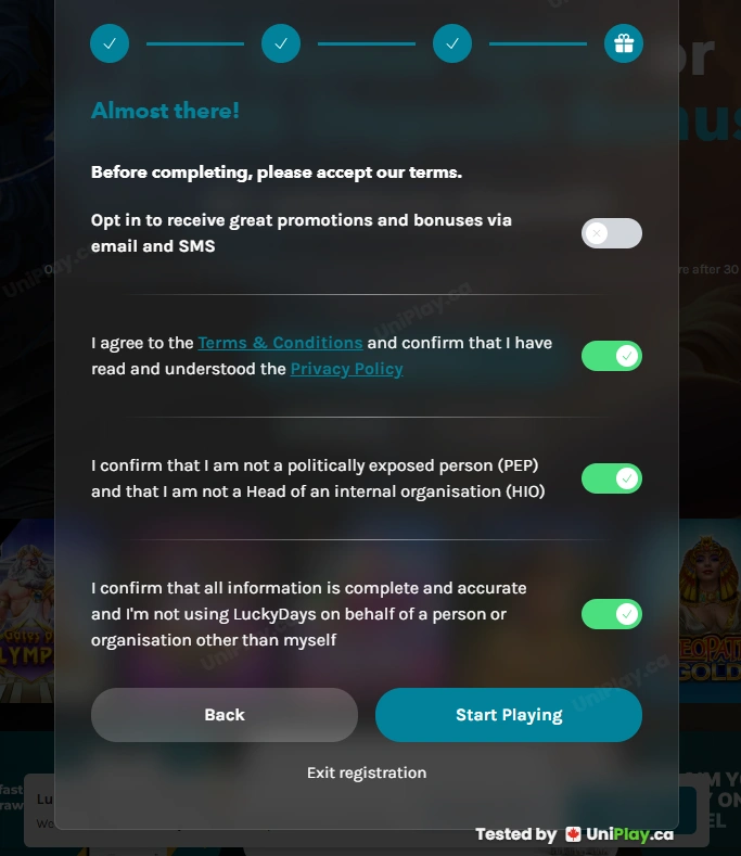Lucky Days Casino — registration step 4