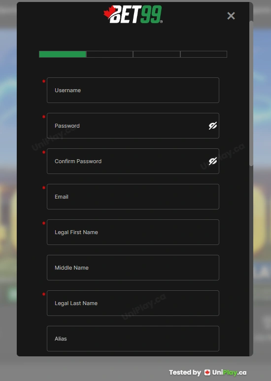 Bet99 — registration step 1