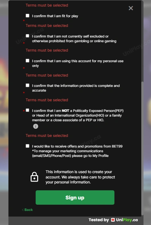 Bet99 — registration step 6