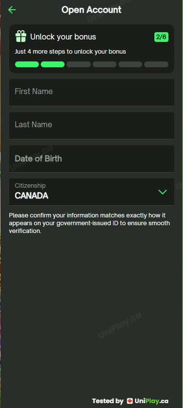 ComeOn! — registration step 2
