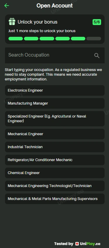 ComeOn! — registration step 5