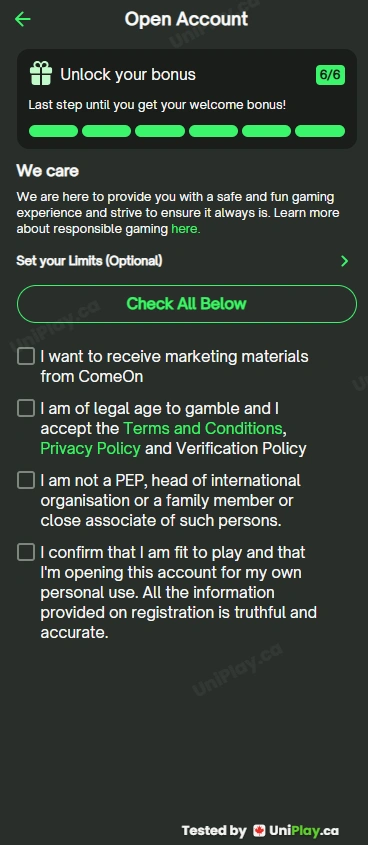 ComeOn! — registration step 6