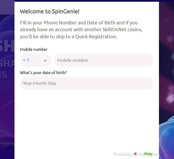 Spin Genie — registration step 1