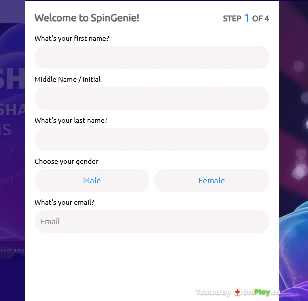 Spin Genie — registration step 2