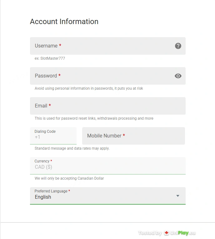 Ruby Fortune — registration step 1