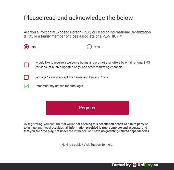 Ruby Fortune — registration step 5