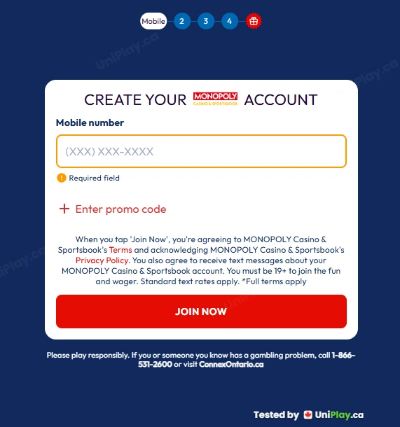 Monopoly Casino — registration step 1