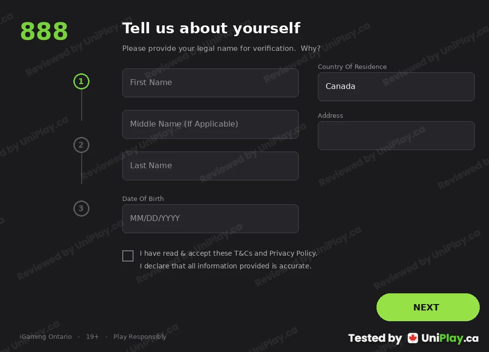 888 Casino — registration step 1