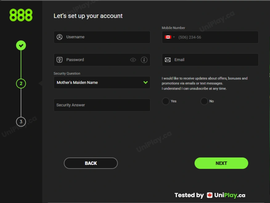 888 Casino — registration step 2