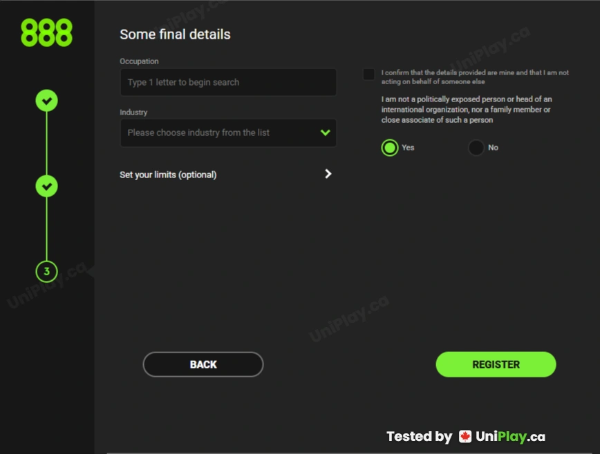 888 Casino — registration step 3